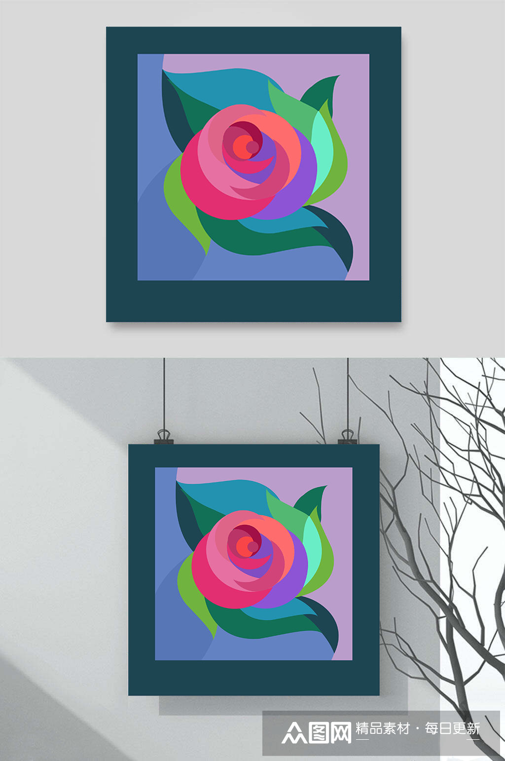 毕加索藏蓝粉绿撞色视觉设计玫瑰花抽象