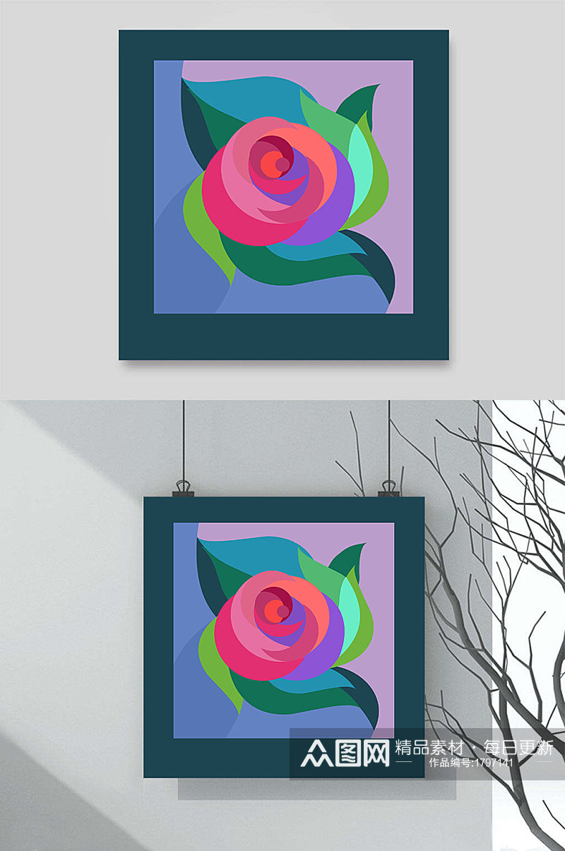 毕加索藏蓝粉绿撞色视觉设计玫瑰花抽象素材
