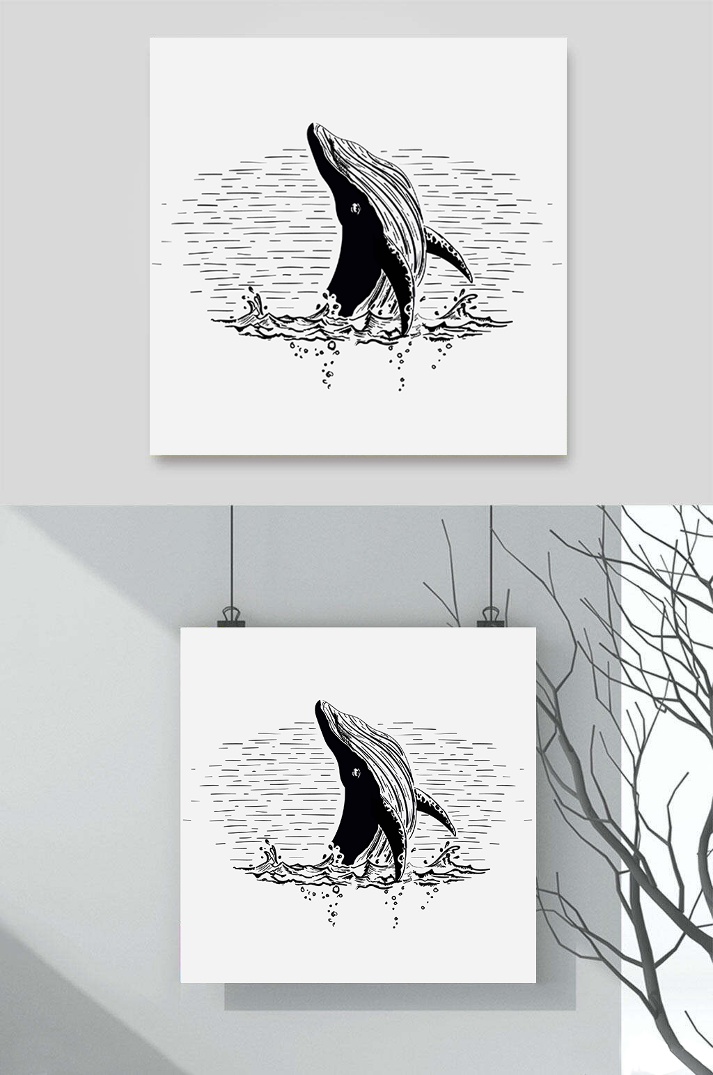 鲸鱼跃出水面的素描画图片