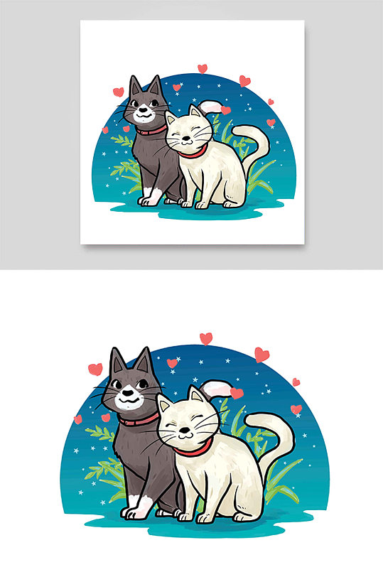 可爱淘气黑白猫咪爱心夜空星星植物