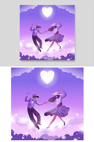 紫色梦幻夜空心形月亮舞蹈约会