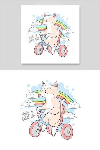 可爱小猫咪骑三轮车自行车旅行彩虹云朵