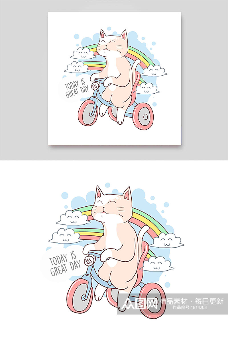 可爱小猫咪骑三轮车自行车旅行彩虹云朵素材
