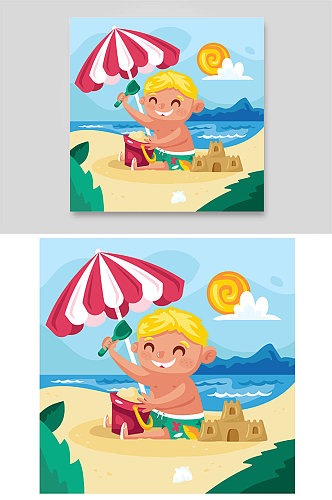 沙滩子游戏遮阳伞太阳大海城堡儿童孩