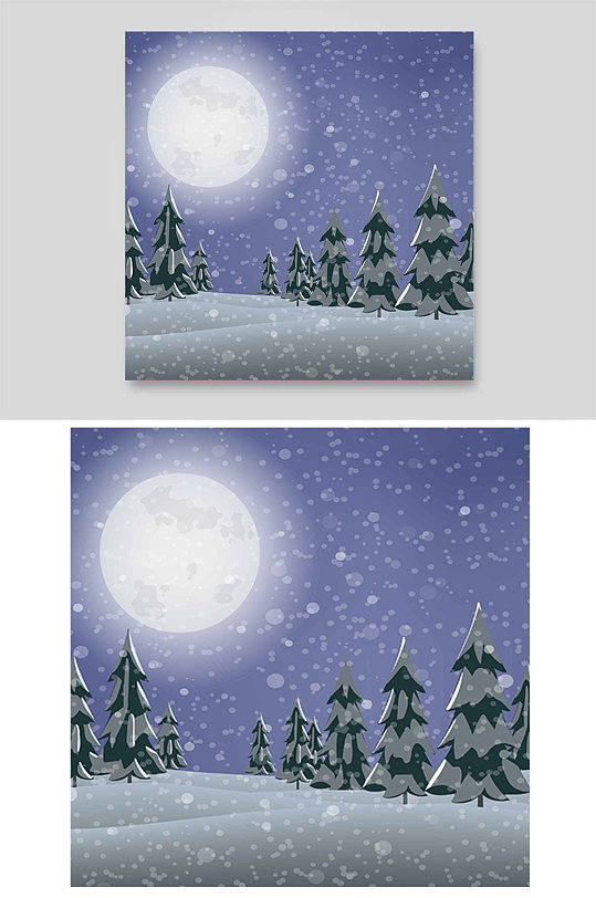 冬天下雪花景色松树森林雪地月亮光