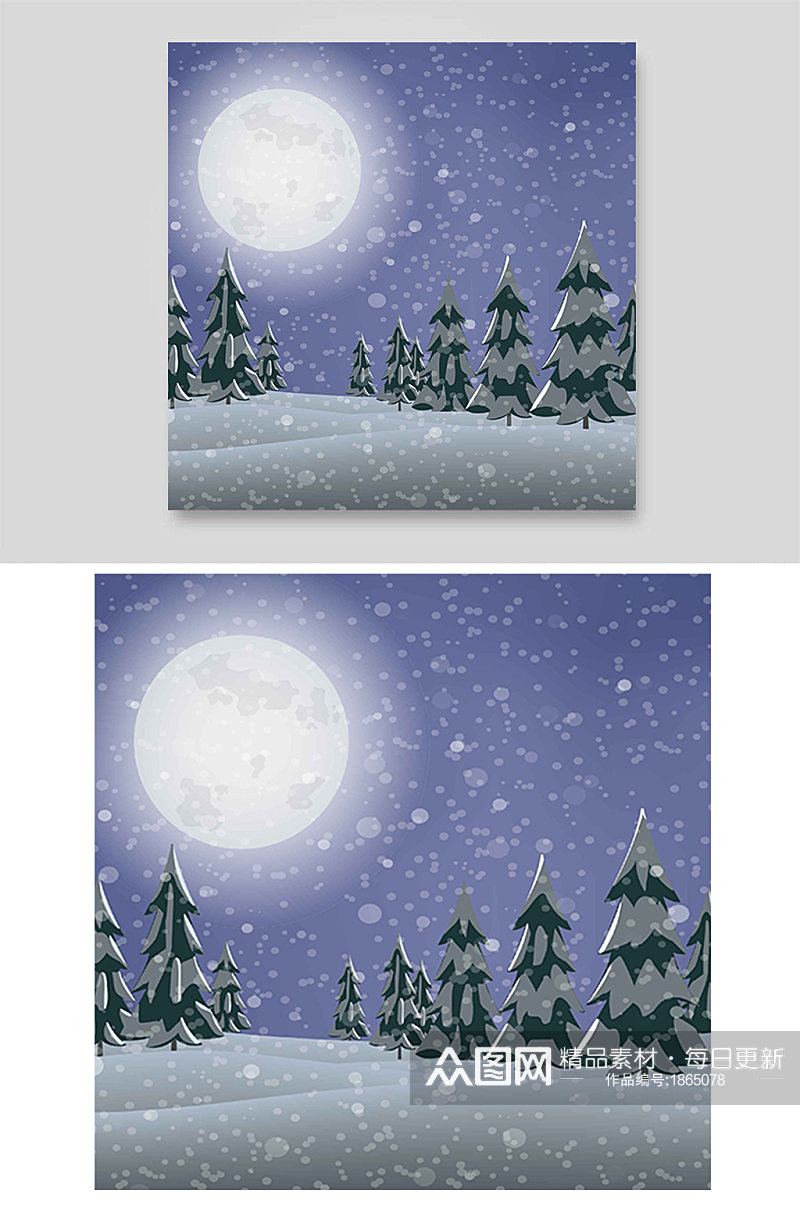 冬天下雪花景色松树森林雪地月亮光素材