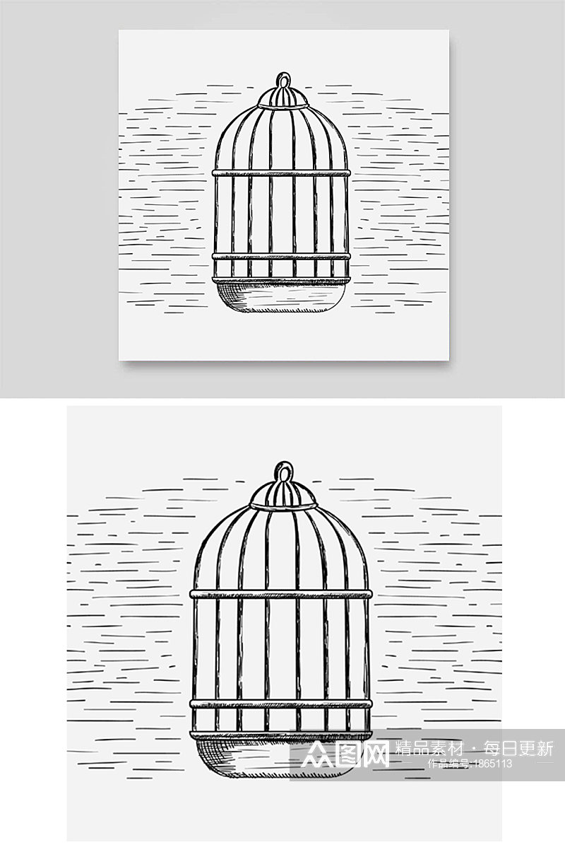 鸟笼自由约束拘束登录黑白铅笔简单绘画素材
