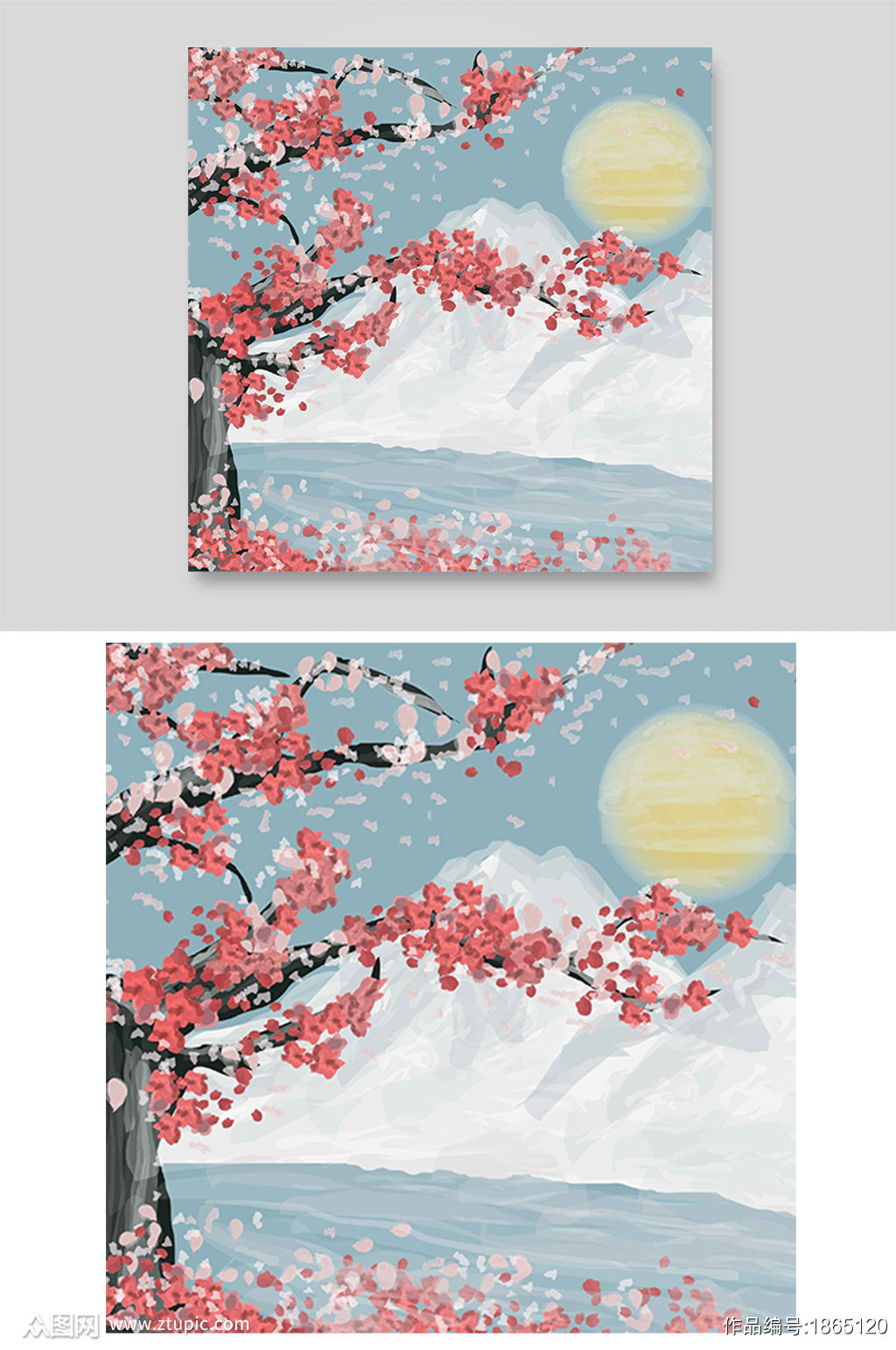 日本富士山樱花梅花太阳月亮雪山河流水墨模板下载 编号 众图网