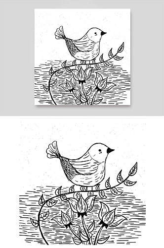 小鸟麻雀花朵树枝条水波纹素描铅笔画