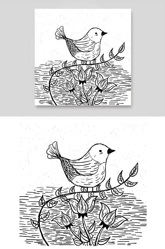 小鸟麻雀花朵树枝条水波纹素描铅笔画