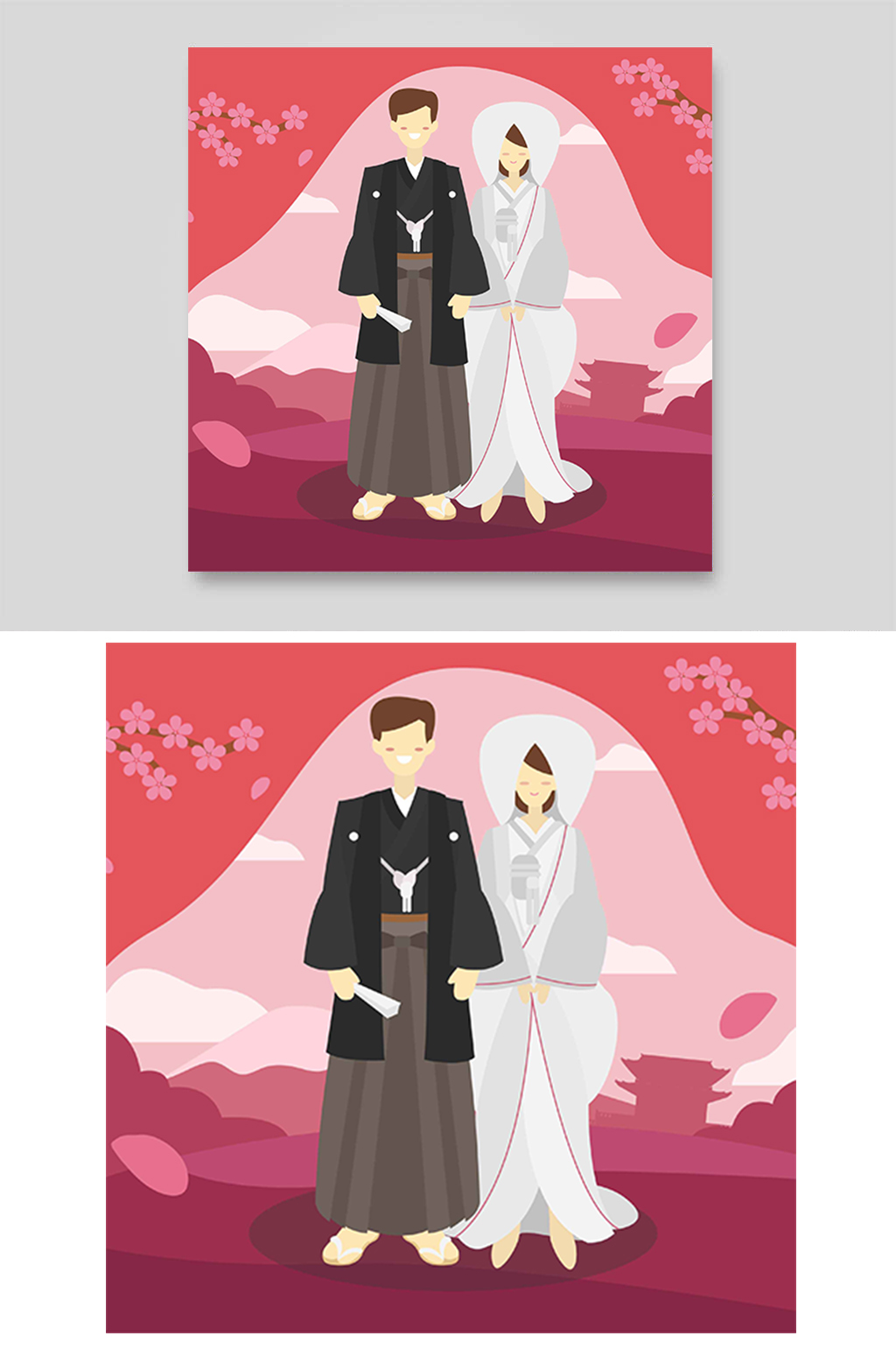 日式和服古典古代婚礼仪式樱花富士山素材