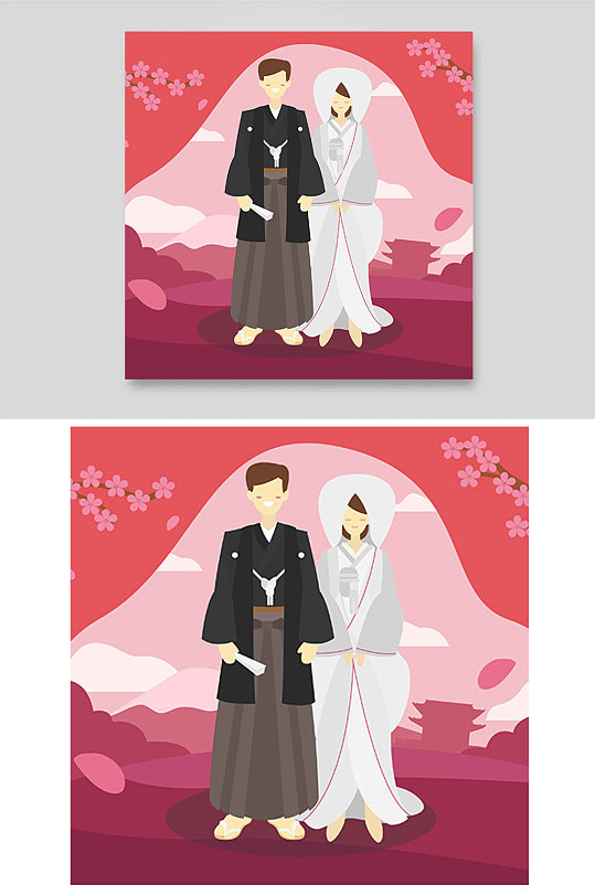日式和服古典古代婚礼仪式樱花富士山