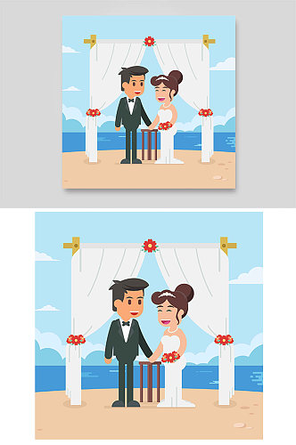 沙滩大海卡通手绘户外婚礼浪漫开心