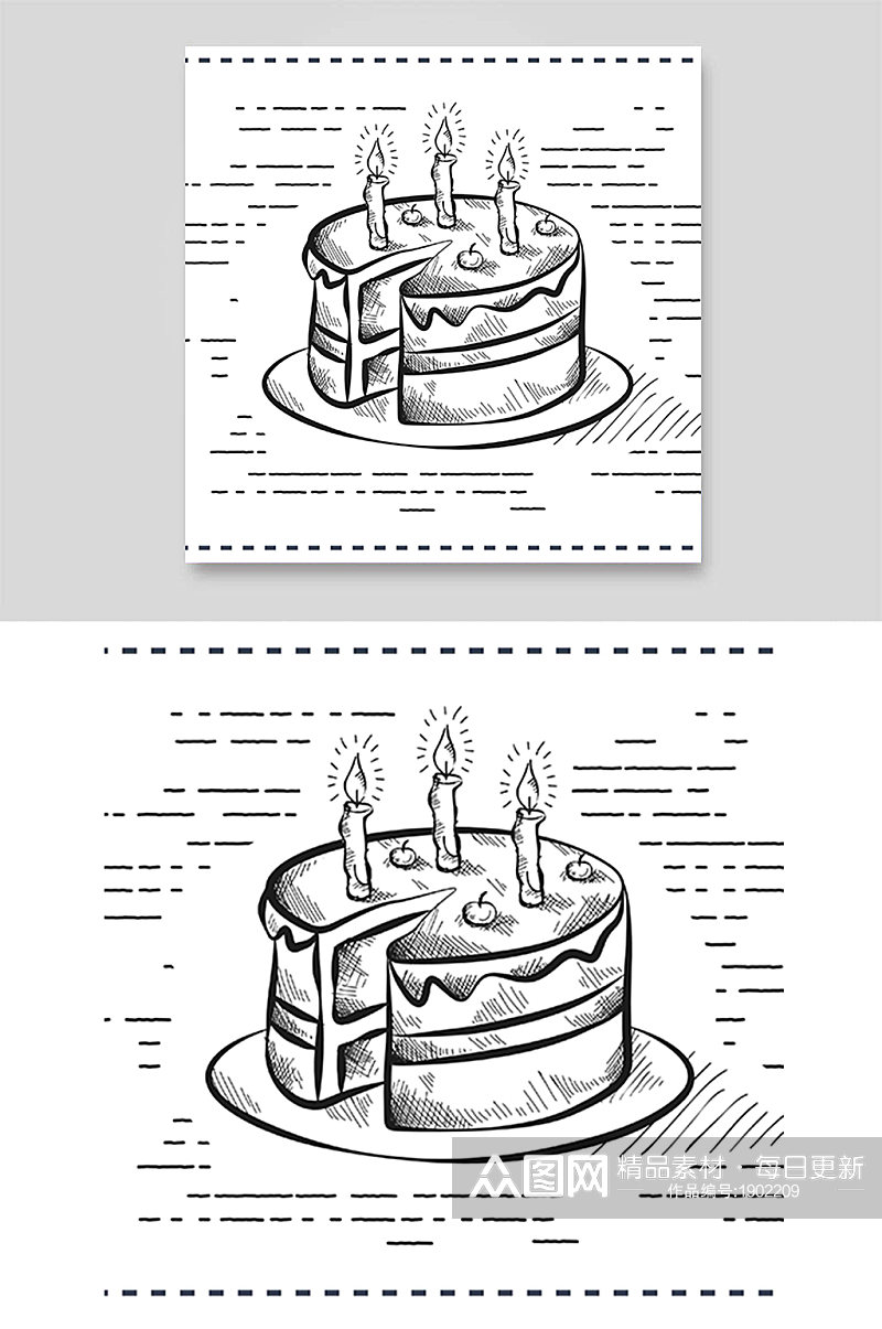 手绘素描黑白速写生日蛋糕樱桃蜡烛素材