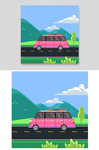 粉色小汽车大巴车旅游出行郊游公里穿越