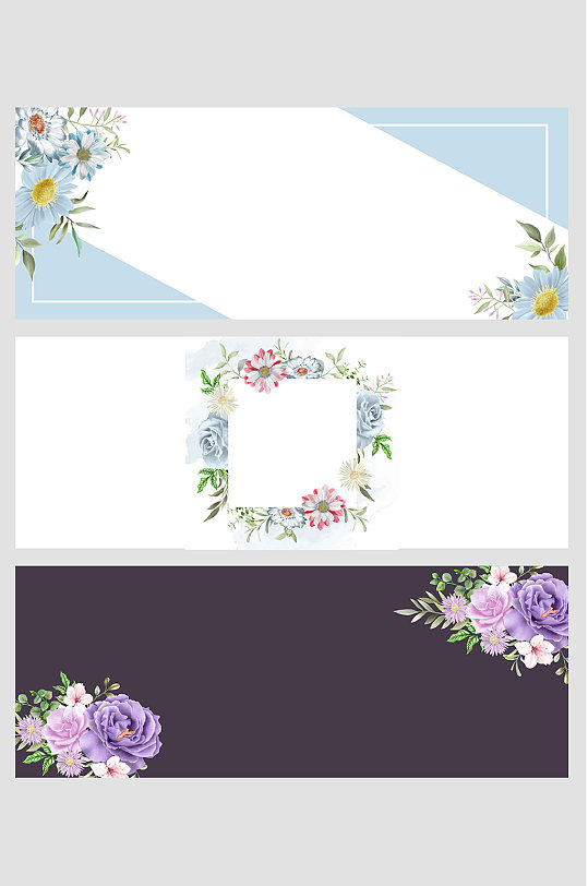 蓝紫色小雏菊玫瑰花朵边框矢量免扣背景