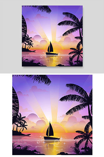 夕阳落日帆船剪影椰树林海边矢量手绘插画