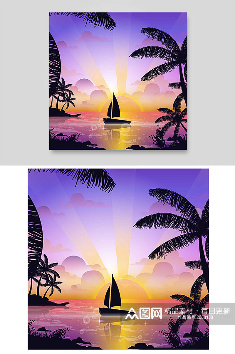 夕阳落日帆船剪影椰树林海边矢量手绘插画素材