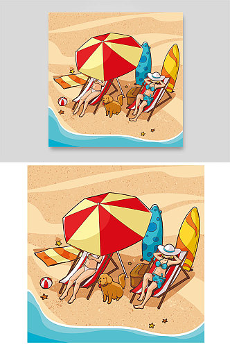 美女小狗宠物沙滩海边度假阳光矢量手绘插画