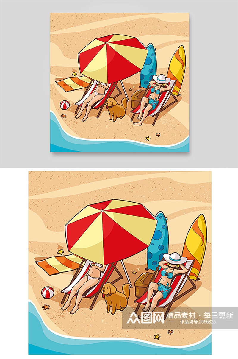 美女小狗宠物沙滩海边度假阳光矢量手绘插画素材