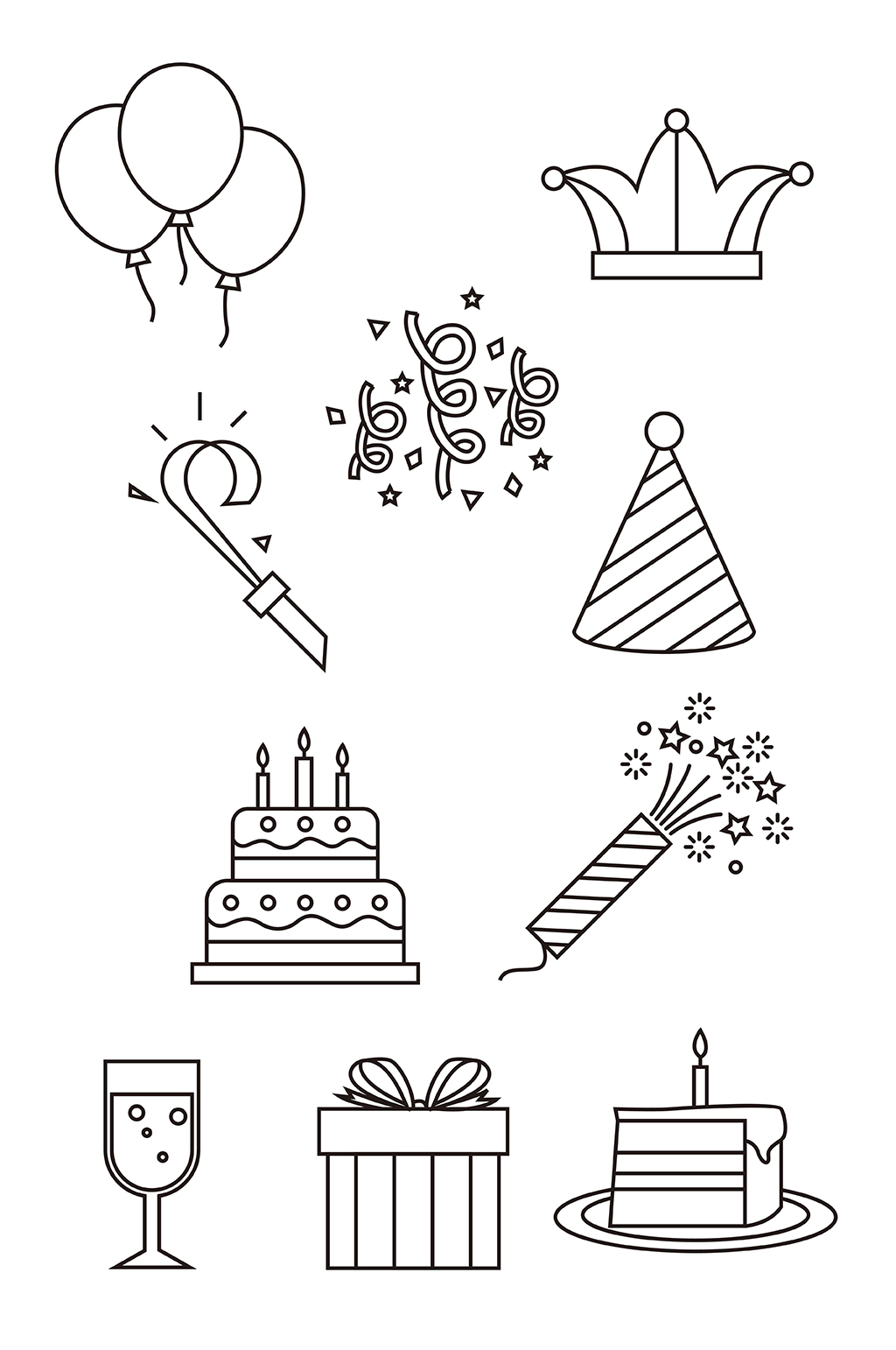 黑白线条生日祝福气球彩带蛋糕矢量免扣素材