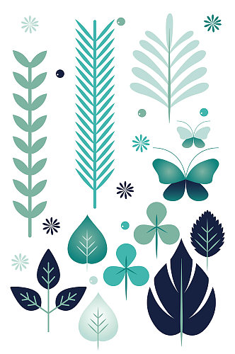 蓝绿色手绘植物蝴蝶叶子矢量免扣元素