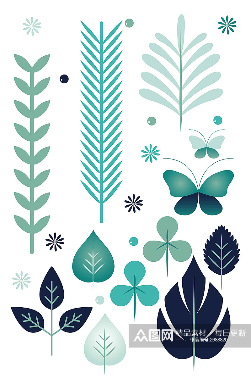 蓝绿色手绘植物蝴蝶叶子矢量免扣元素素材