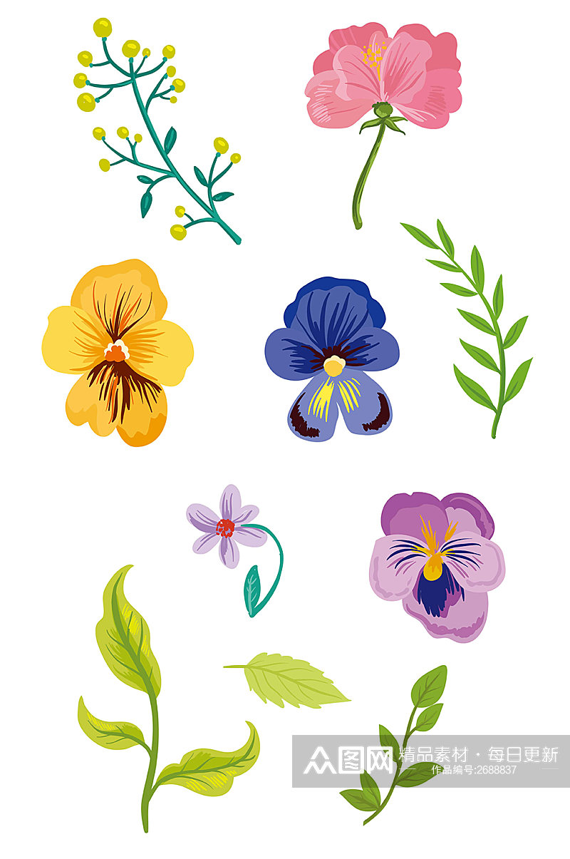 水彩手绘花朵植物叶子插画矢量免扣元素素材