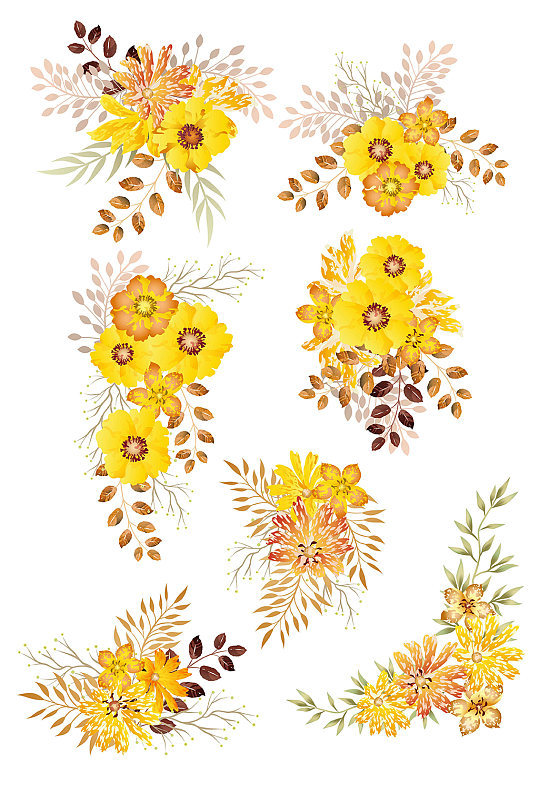 黄色手绘花朵雏菊婚礼主题装饰矢量免扣元素