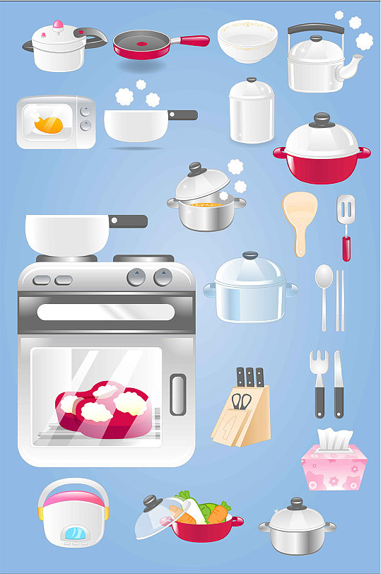 厨房餐具锅碗瓢盆烹饪烤箱矢量免扣元素