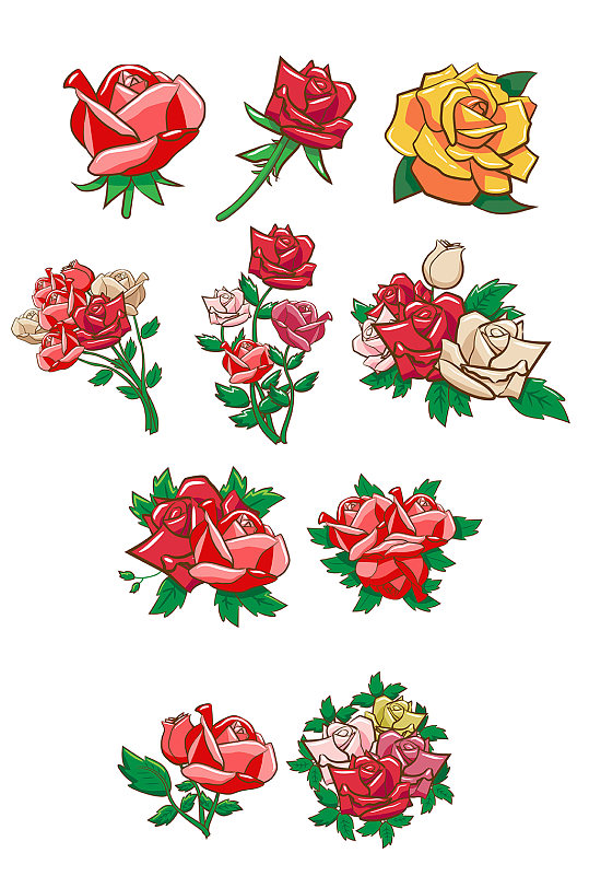 卡通手绘玫瑰花黄红色植物花朵矢量免扣元素