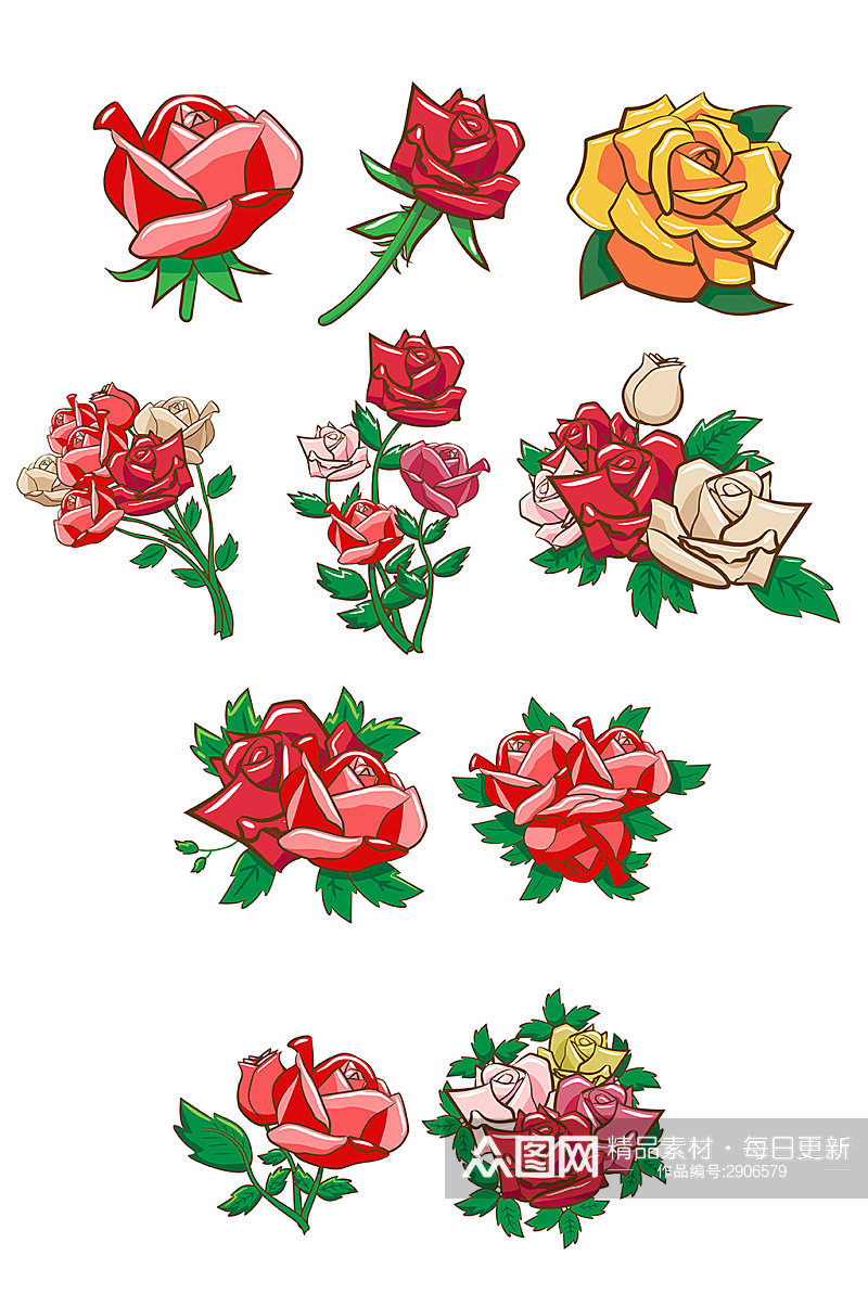 卡通手绘玫瑰花黄红色植物花朵矢量免扣元素素材