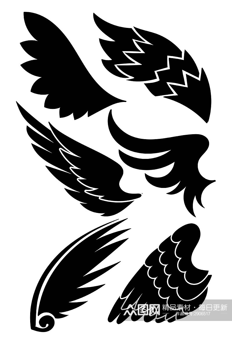 黑色暗黑翅膀纹身羽毛矢量免扣元素素材