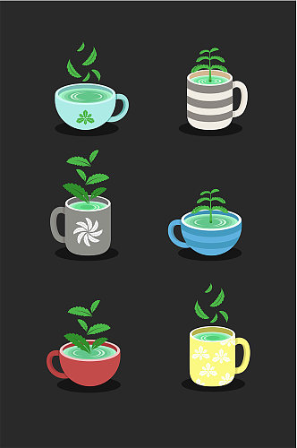 茶杯绿色叶子植物饮品夏季矢量免扣元素