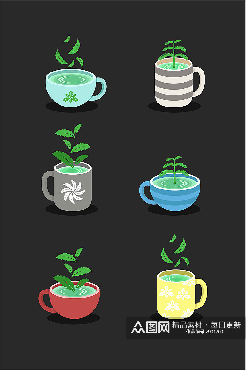 茶杯绿色叶子植物饮品夏季矢量免扣元素素材