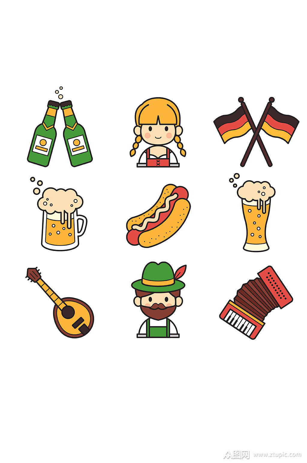 德国啤酒热狗吉他手风琴矢量免扣元素素材