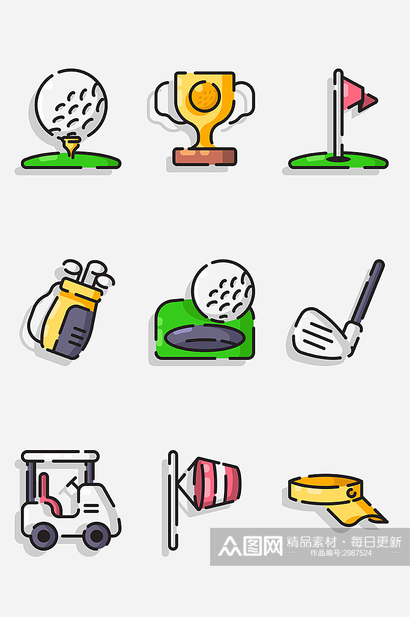 高尔夫球运动奖杯旗帜球杆帽子矢量免扣元素素材
