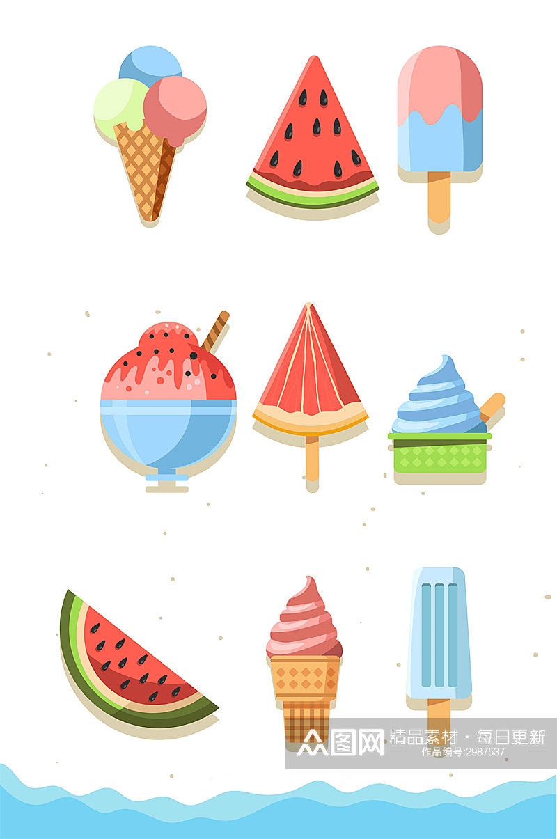夏天冰淇淋西瓜雪糕冰棍冰沙矢量免扣元素素材
