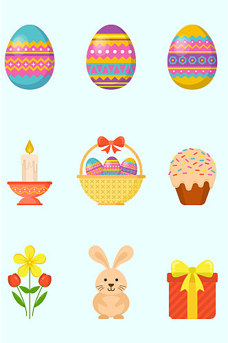 彩色花纹图案蛋糕蜡烛鸡蛋兔子矢量免扣元素