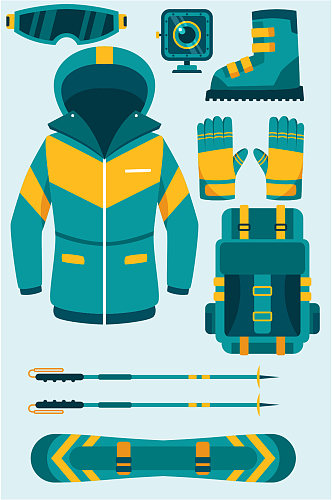 登山装备手杖滑板滑雪衣服摄像矢量免扣元素