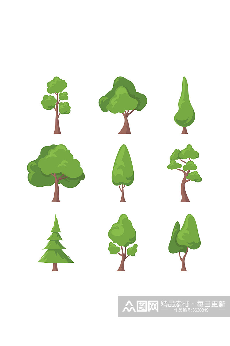 卡通扁平风绿色植物大树森林矢量免扣元素素材
