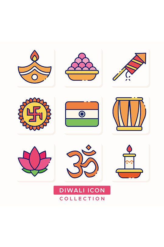 蜡烛印度上供鞭炮手鼓荷花佛教矢量免扣元素