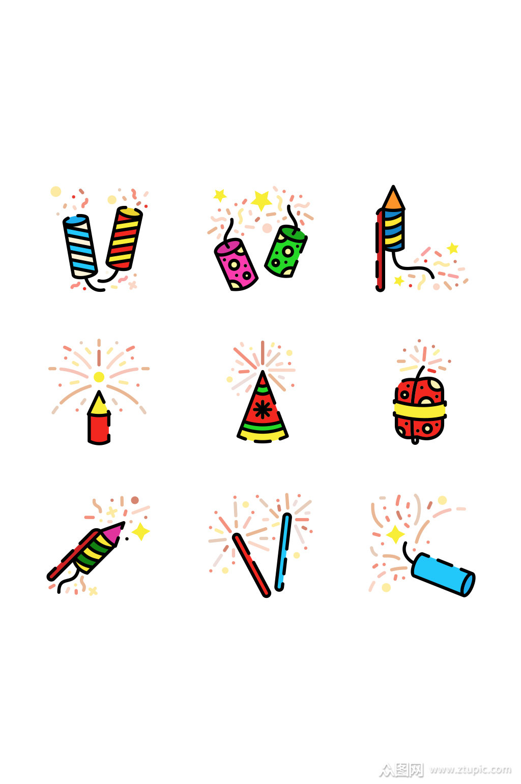 鞭炮二踢脚烟花仙女棒窜天猴矢量免扣元素素材