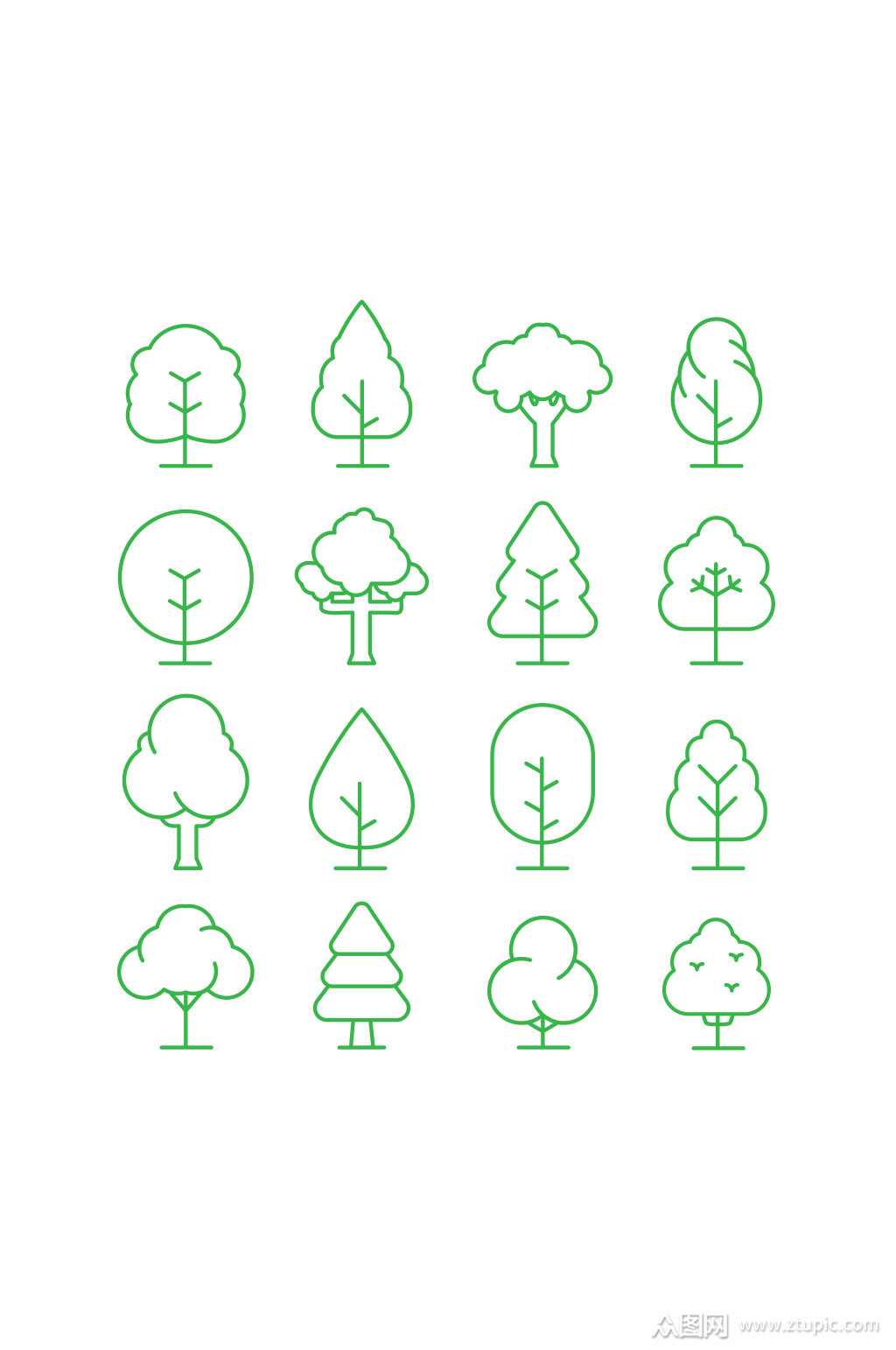 简笔画绿色树木灌木森林树叶矢量免扣元素