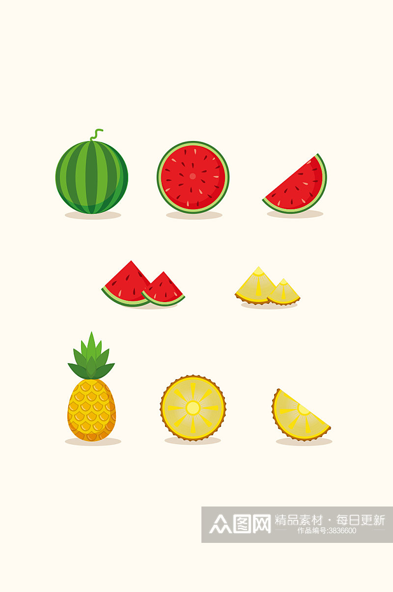 西瓜菠萝夏天水果矢量免扣元素素材