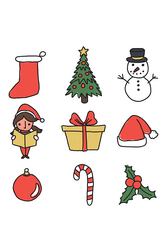 卡通手绘圣诞装饰礼物矢量免扣元素