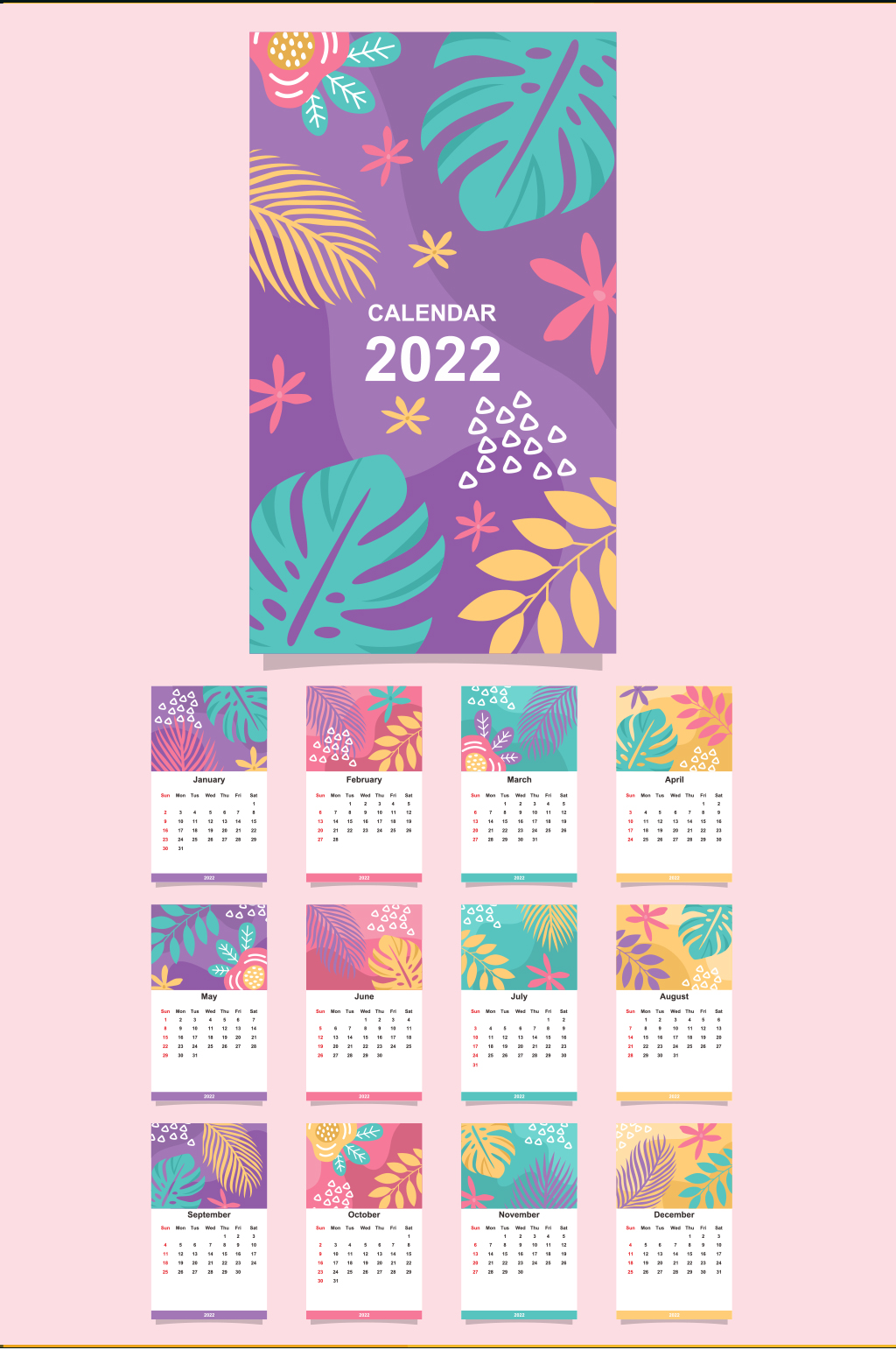 2022植物彩色臺歷矢量免扣元素素材