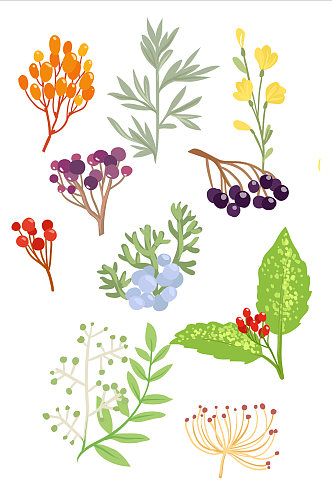 手绘水墨水彩植物卡通矢量免扣元素