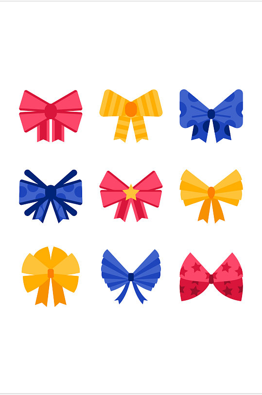 红蓝黄蝴蝶结卡通手绘矢量免扣元素