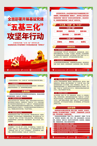 红色喜庆五基三化党建四件套海报